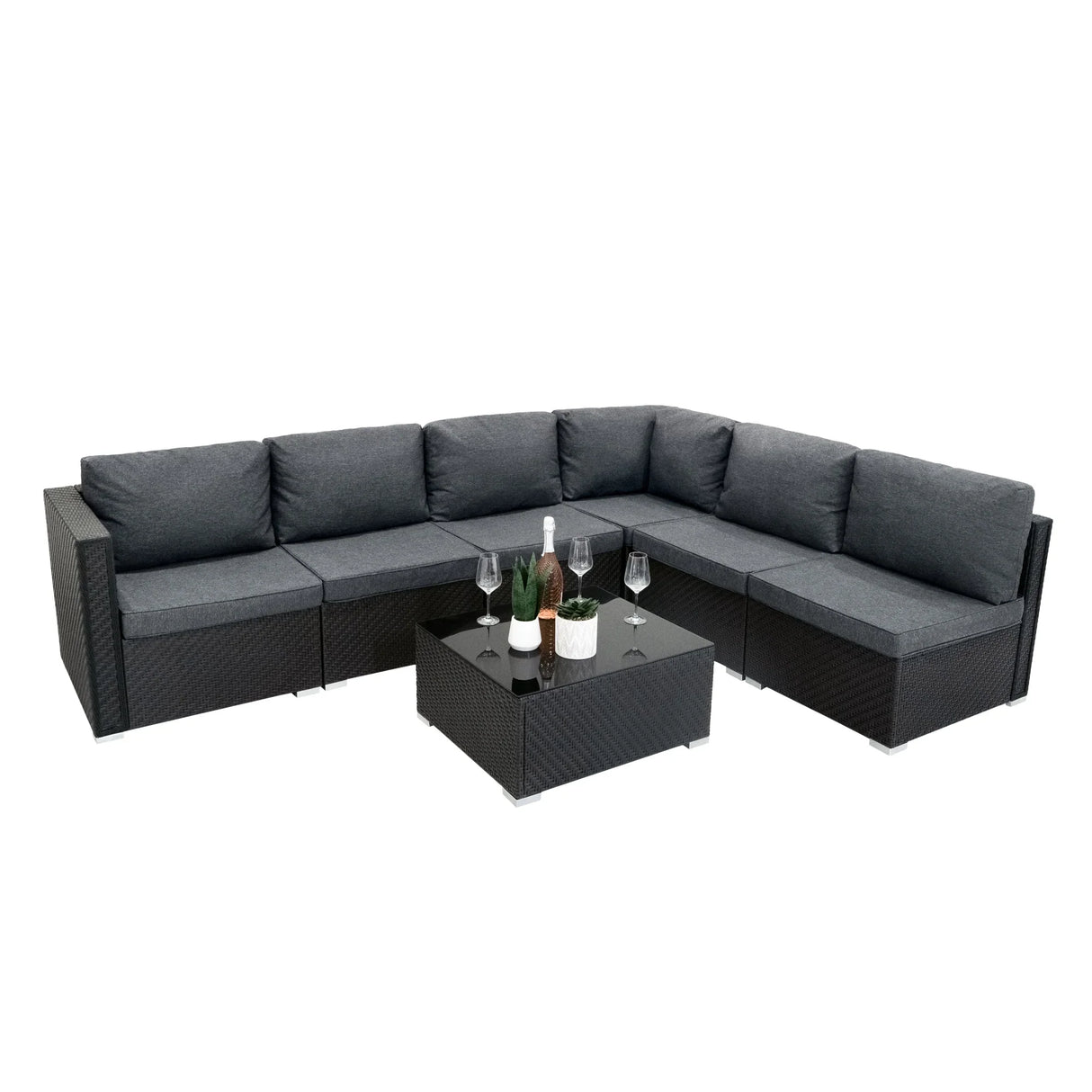 Rattan modular 7 piece furniture set in black with plush gray cushions, featuring a sleek coffee table and modern design