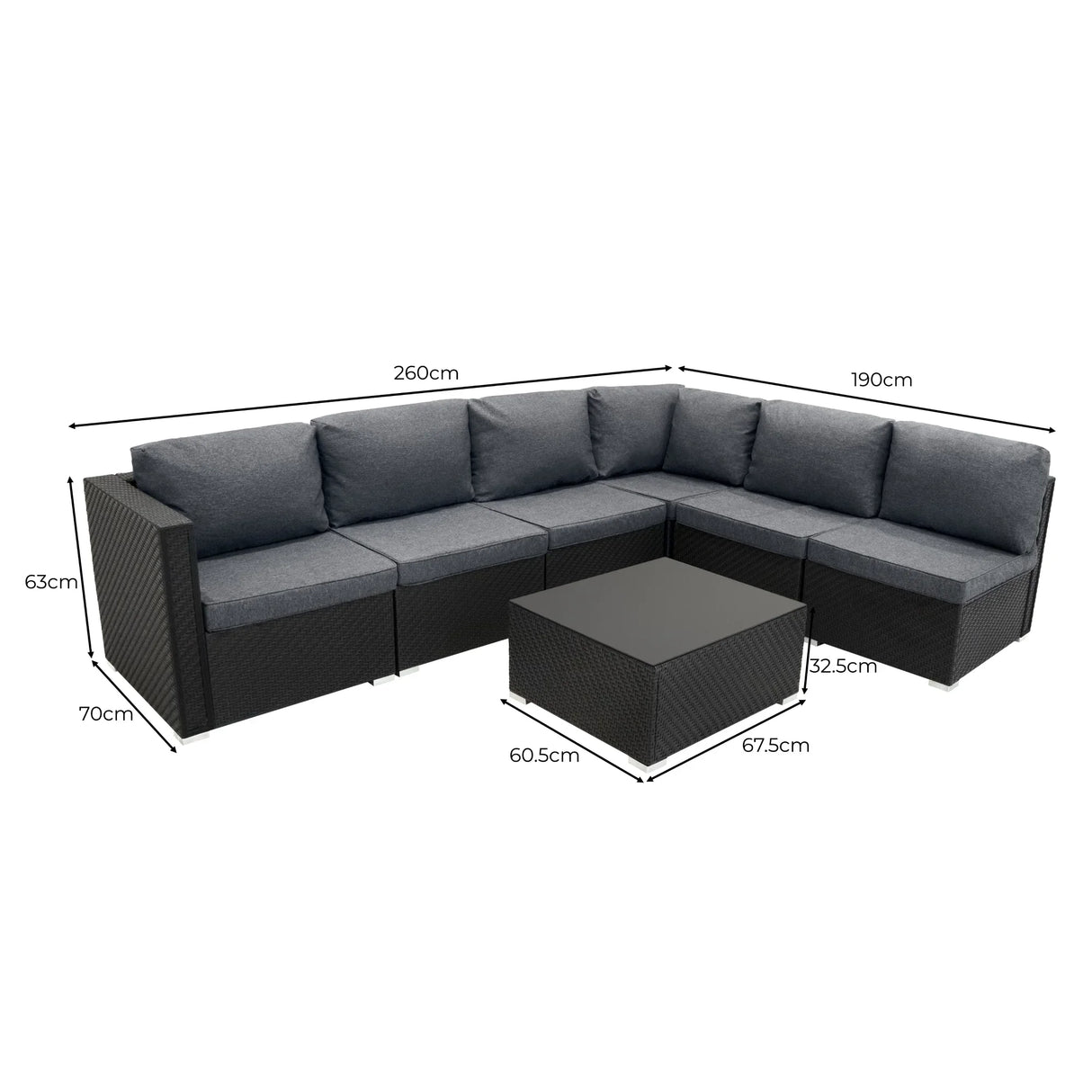 Rattan modular 7-piece furniture set in black with gray cushions, featuring a spacious L-shaped design and a sleek coffee table