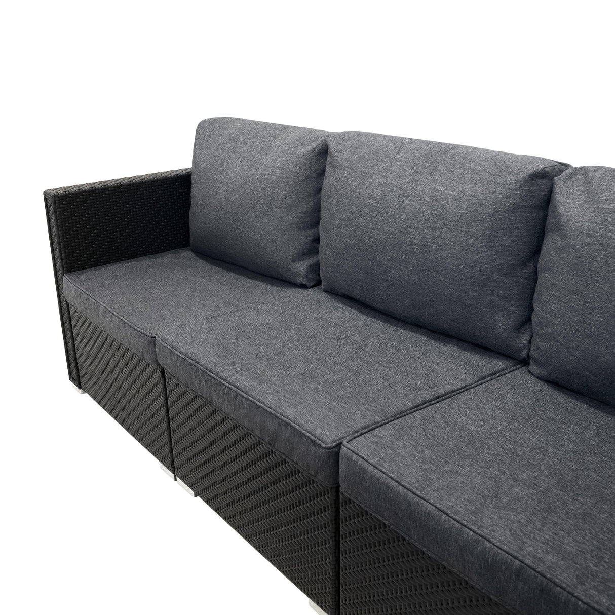 Rattan modular 7-piece furniture set in black featuring plush gray cushions and a sleek woven texture, perfect for outdoor lounging