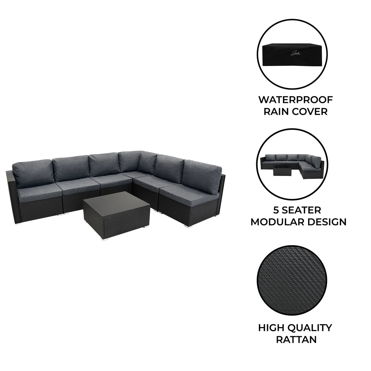 Rattan modular 7-piece furniture set in black with plush gray cushions, includes a waterproof cover and a sleek coffee table