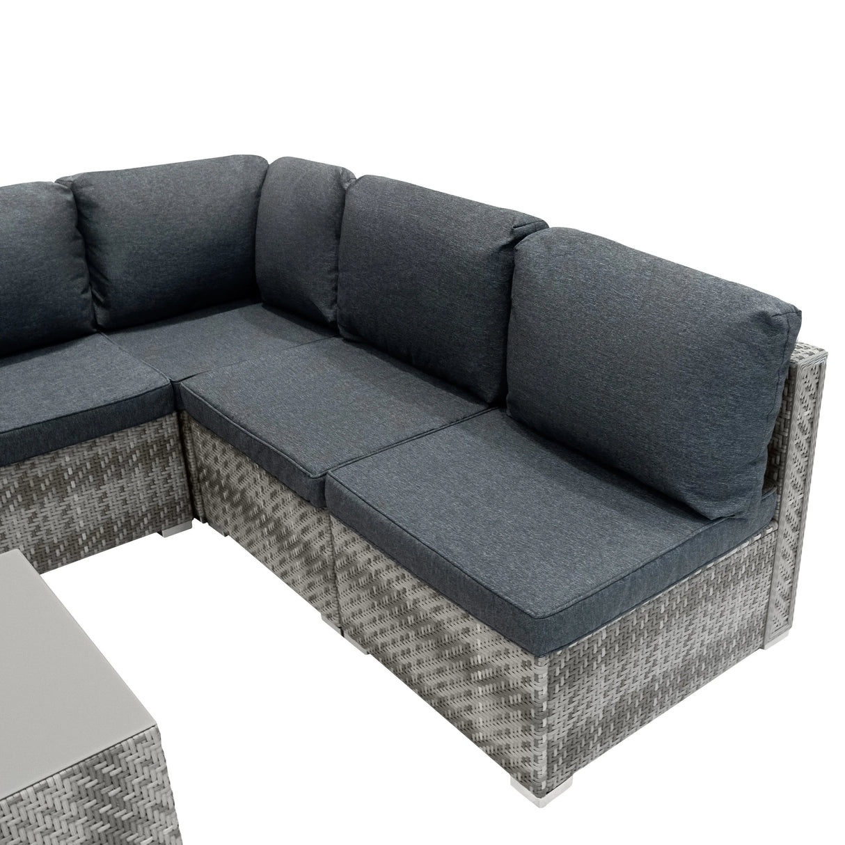 Grey rattan modular 7 piece furniture set featuring plush cushions, woven texture, and a contemporary design, perfect for outdoor spaces