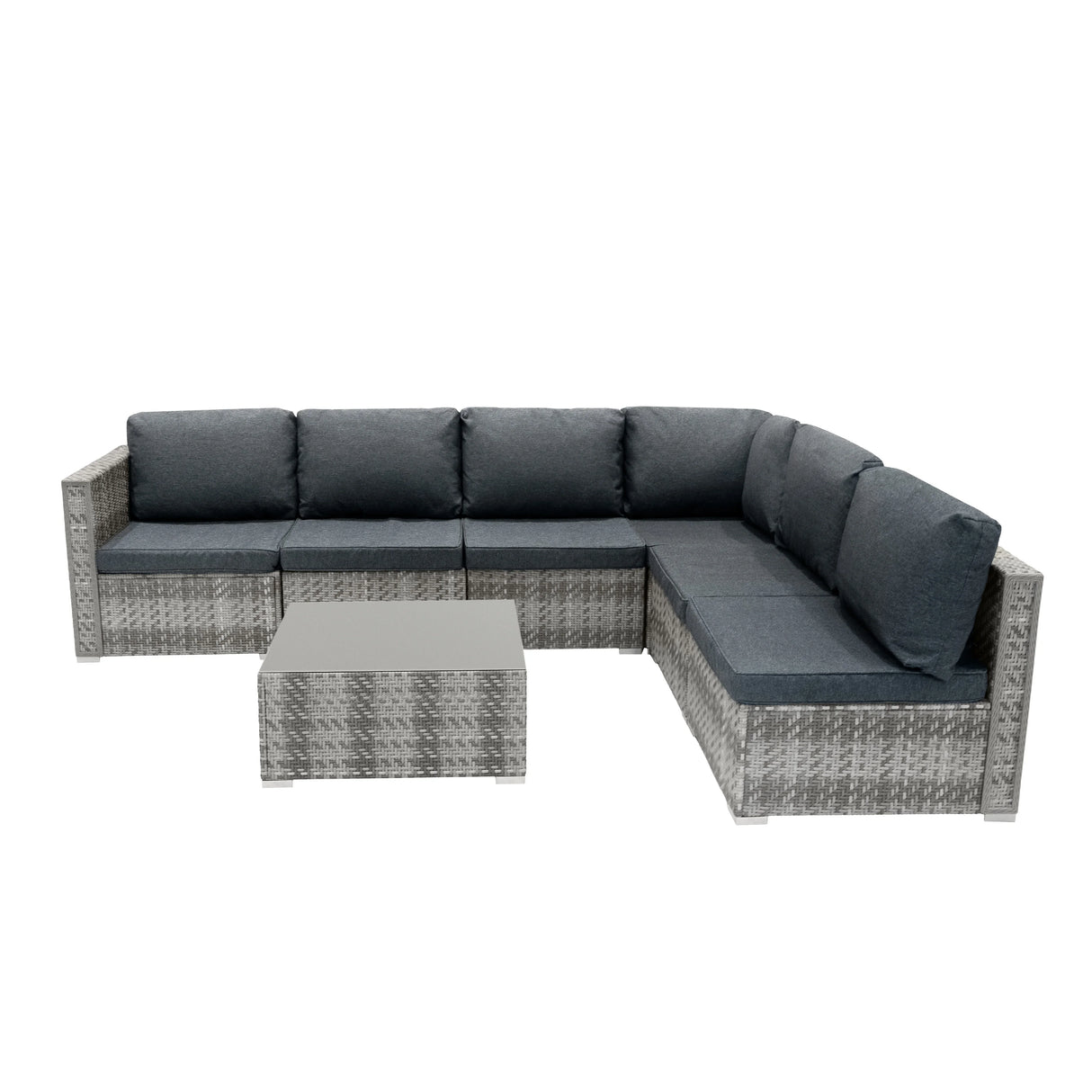 Grey rattan modular 7 piece furniture set featuring plush cushions, sleek lines, and a modern coffee table for outdoor relaxation