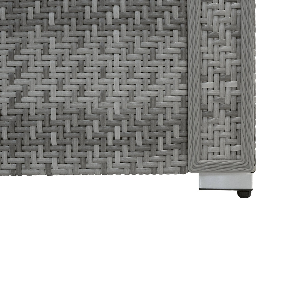 Grey rattan weave texture of a modular furniture set, showcasing a smooth finish and sturdy corner design for outdoor use