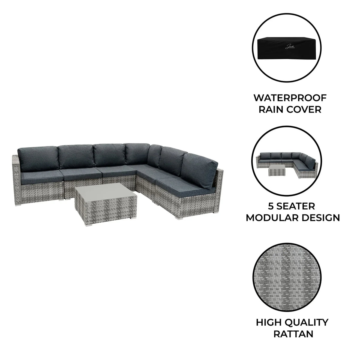 Grey rattan modular 7 piece furniture set featuring plush cushions, a stylish design, and a waterproof rain cover for outdoor use