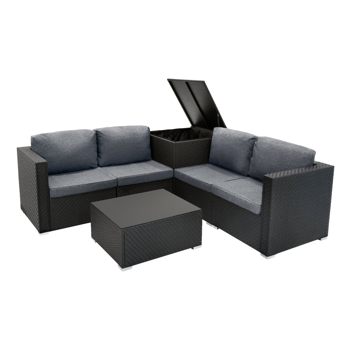 Rattan modular 6-piece furniture set in black with plush gray cushions, featuring a stylish coffee table and storage compartment