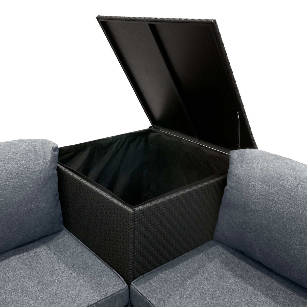 Black rattan modular furniture set featuring a spacious storage compartment with a lift-top lid and soft gray cushions