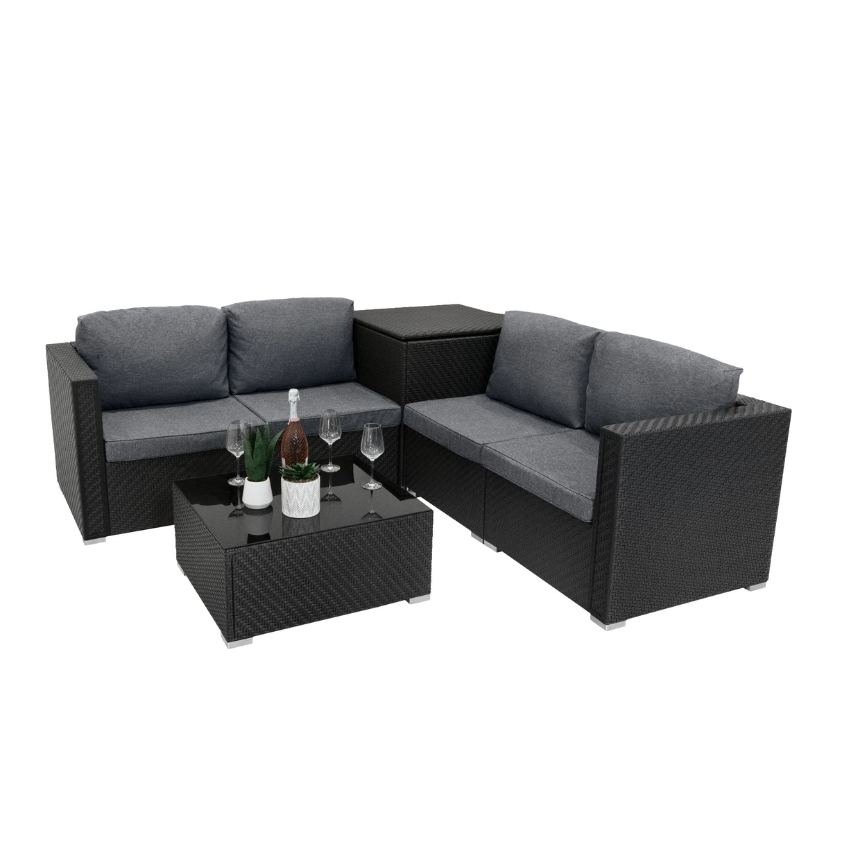 Rattan modular 6 piece furniture set in black with gray cushions, featuring a sleek design and a glass-top coffee table
