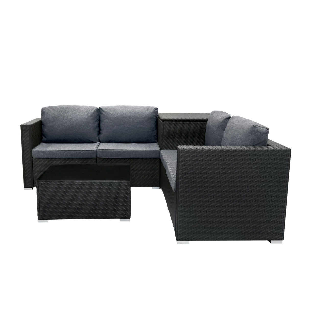 Rattan modular 6-piece furniture set in black with gray cushions, featuring a sleek design and textured finish, perfect for outdoor spaces
