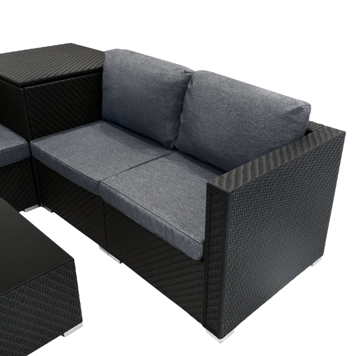 Rattan modular 6-piece furniture set in black with plush gray cushions, featuring a sleek design and textured weave for outdoor comfort
