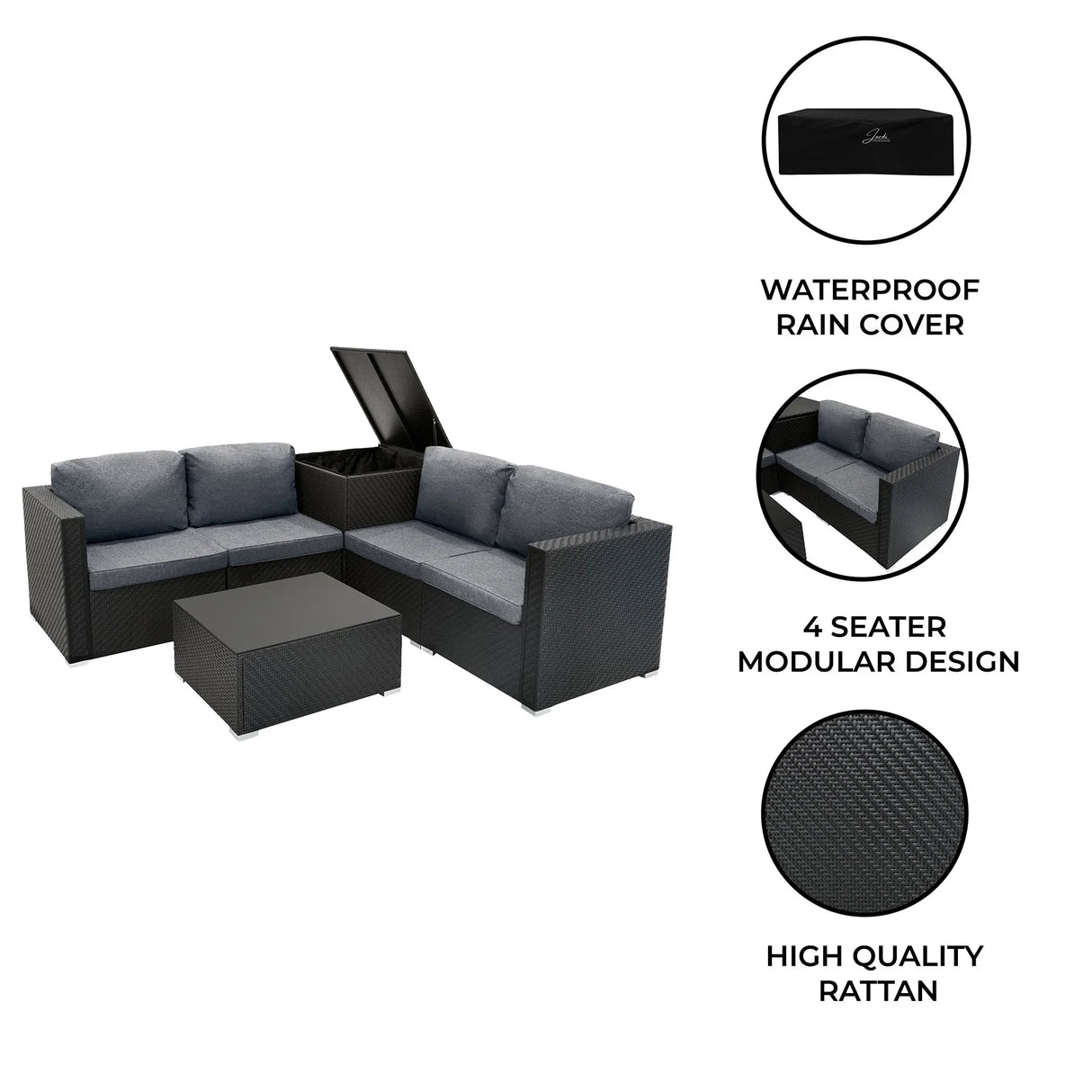Black rattan modular 6-piece furniture set featuring plush gray cushions, a sleek coffee table, and a waterproof rain cover