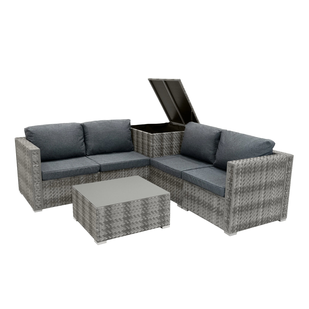 Rattan modular 6-piece furniture set in grey with plush cushions, featuring a stylish design and a hidden storage compartment