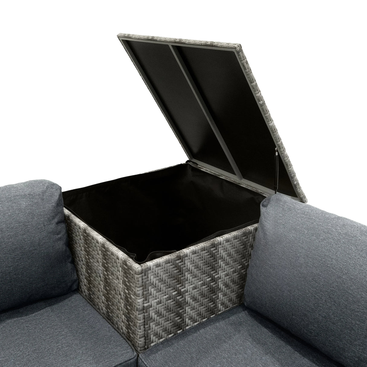 Grey rattan modular furniture set with a spacious storage compartment, featuring soft cushions and a woven texture for outdoor elegance
