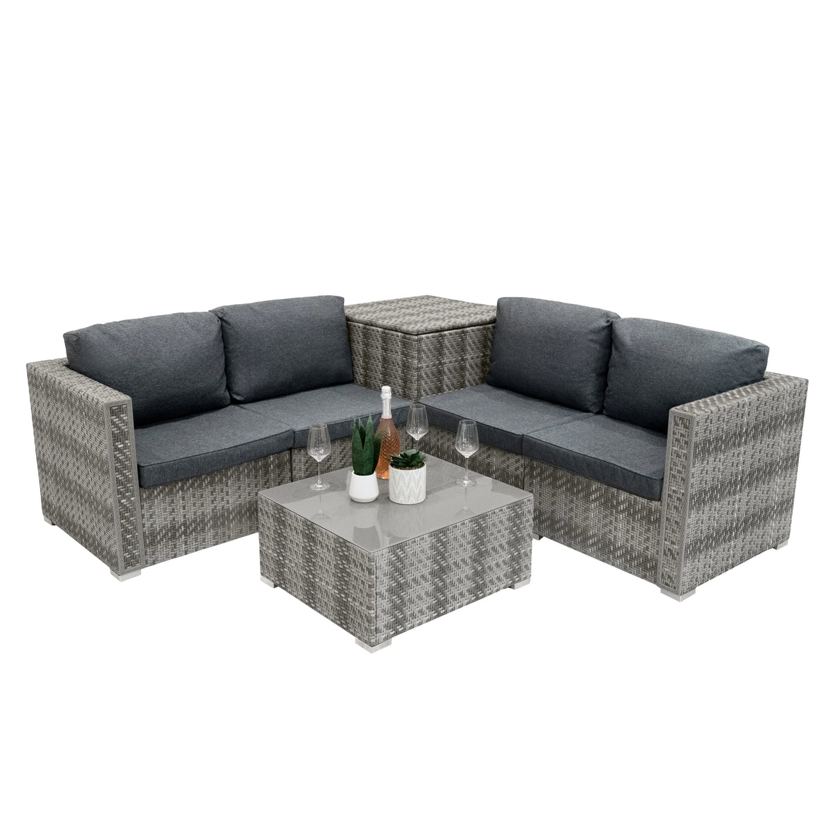 Grey rattan modular 6-piece furniture set featuring plush cushions, a sleek glass-top table, and a stylish, contemporary design