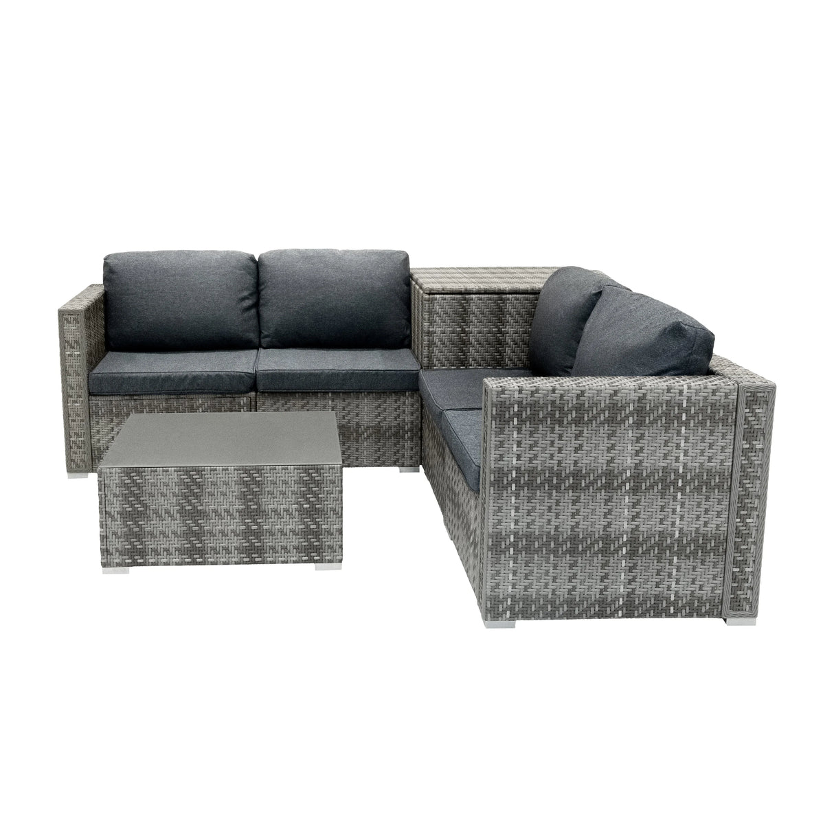 Grey rattan modular 6-piece furniture set featuring plush cushions, sleek design, and a matching coffee table, perfect for outdoor spaces
