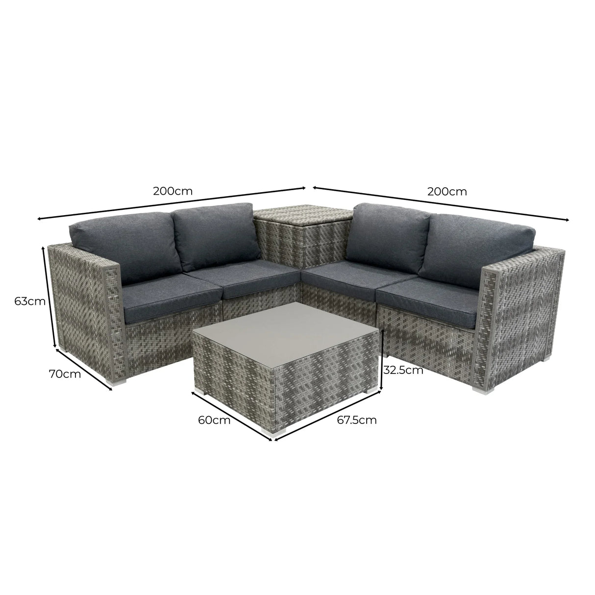 Rattan modular 6-piece furniture set in grey, featuring plush cushions, a sleek coffee table, and a stylish woven texture