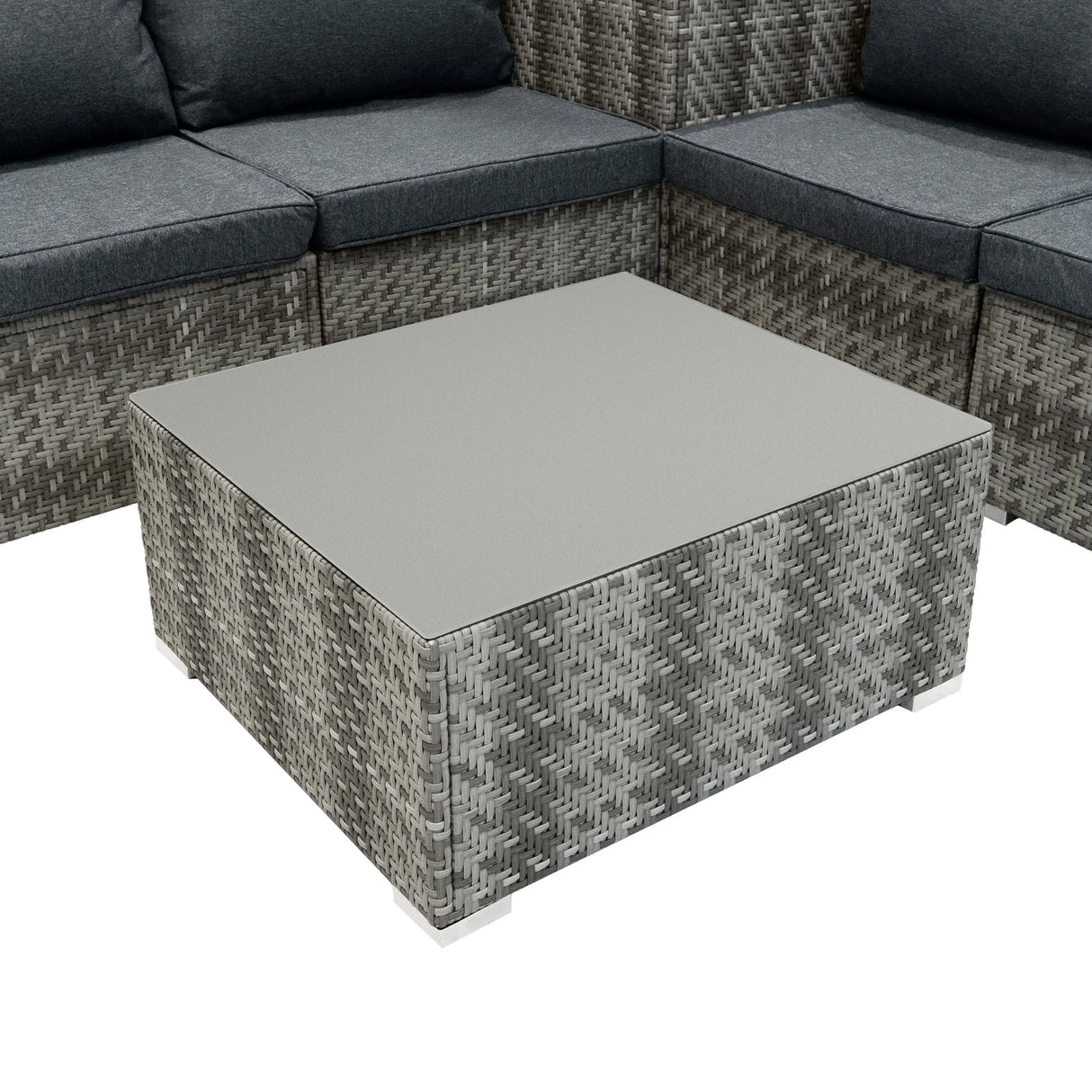 Grey rattan modular furniture set featuring a square coffee table with a smooth top and woven texture, ideal for outdoor spaces