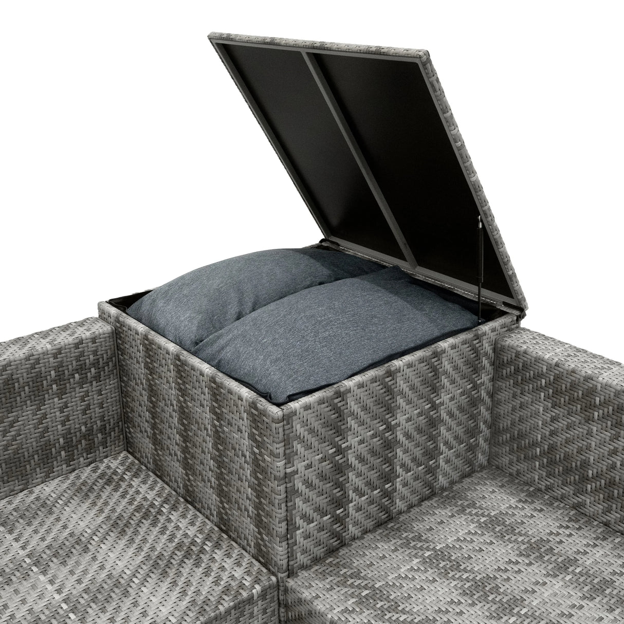 Grey rattan modular furniture set with a storage compartment, featuring plush cushions and a textured woven design for outdoor comfort