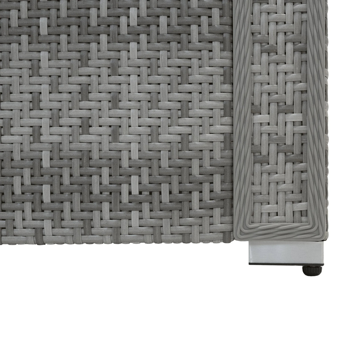 Grey rattan weave texture of a modular furniture set, featuring a sleek design and durable aluminum frame for outdoor use