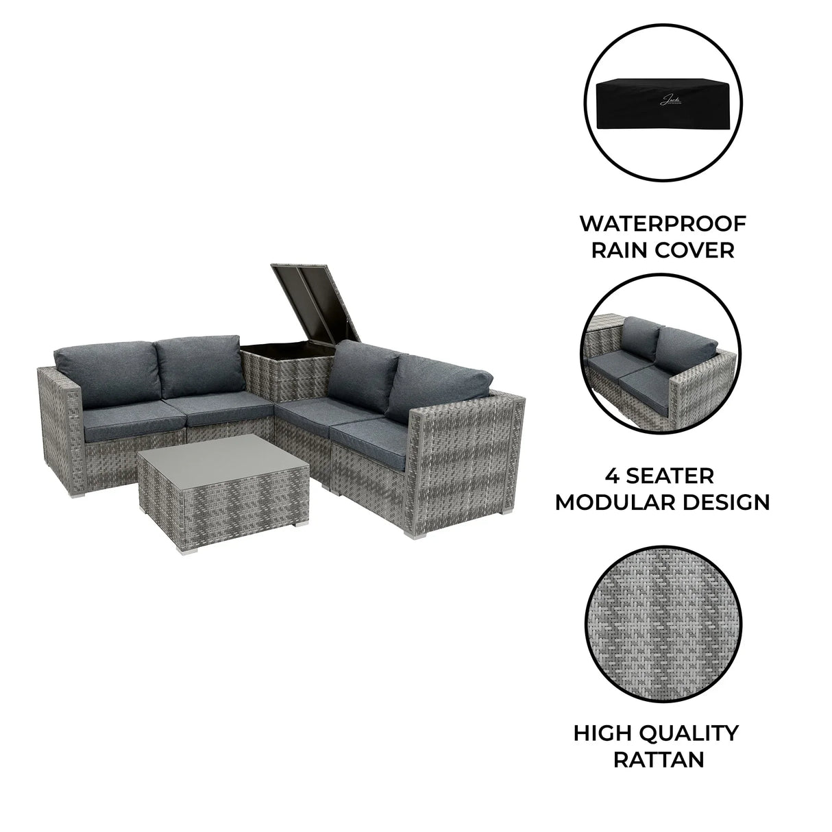 Grey rattan modular 6-piece furniture set featuring plush cushions, a stylish coffee table, and a waterproof rain cover for outdoor use