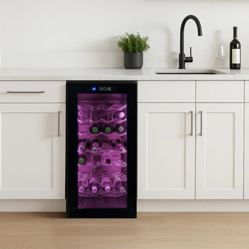 Oriva LED Wine Cooler with sleek black design, illuminated interior showcasing wine bottles, placed under a modern kitchen counter