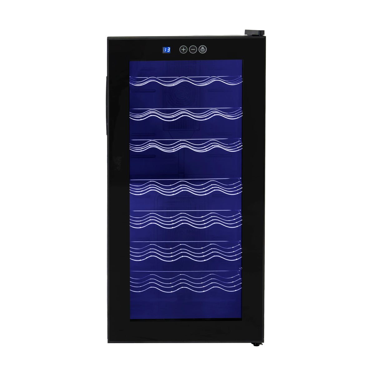 Oriva LED Wine Cooler with sleek black finish, glass door showcasing blue wave design, ideal for storing wine bottles stylishly
