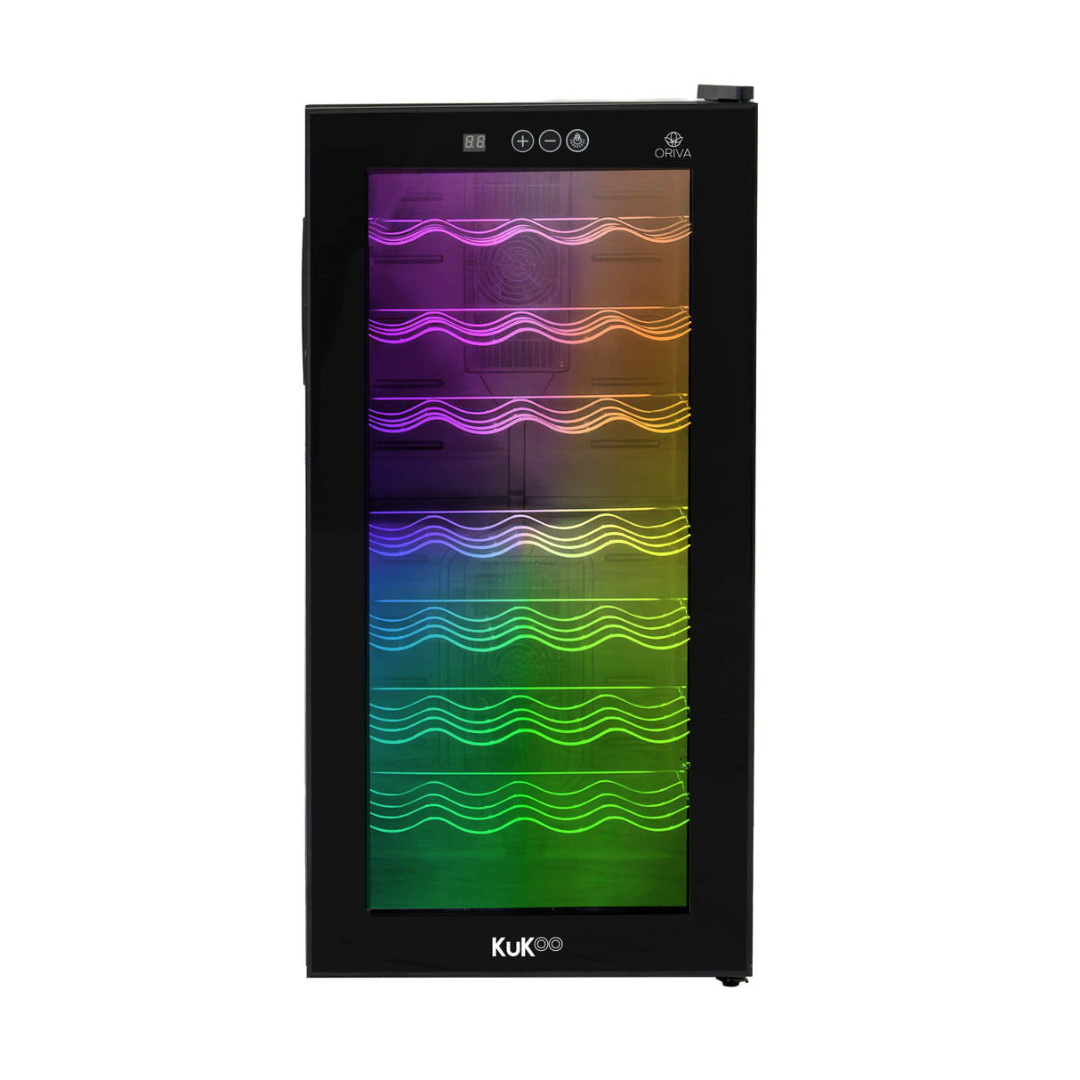 Oriva LED Wine Cooler features a sleek black design with a glass door, showcasing colorful LED lighting and multiple wine racks