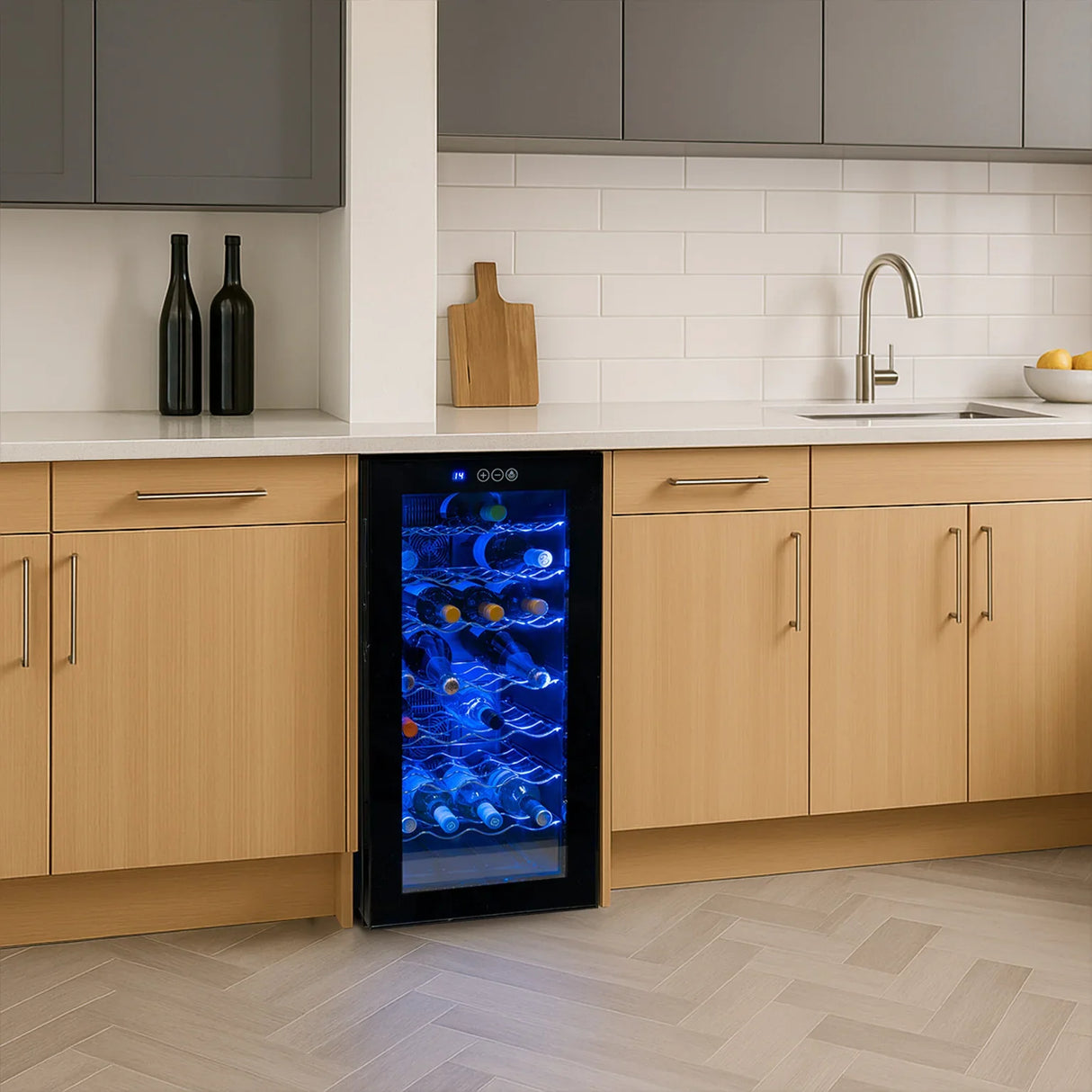 Oriva LED Wine Cooler with a sleek black finish, illuminated interior, and capacity for multiple wine bottles, perfect for modern kitchens