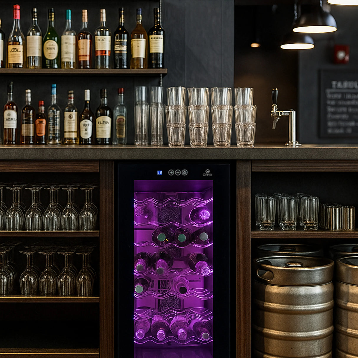 Oriva LED Wine Cooler with sleek black exterior, illuminated interior showcasing wine bottles, set against a stylish bar backdrop