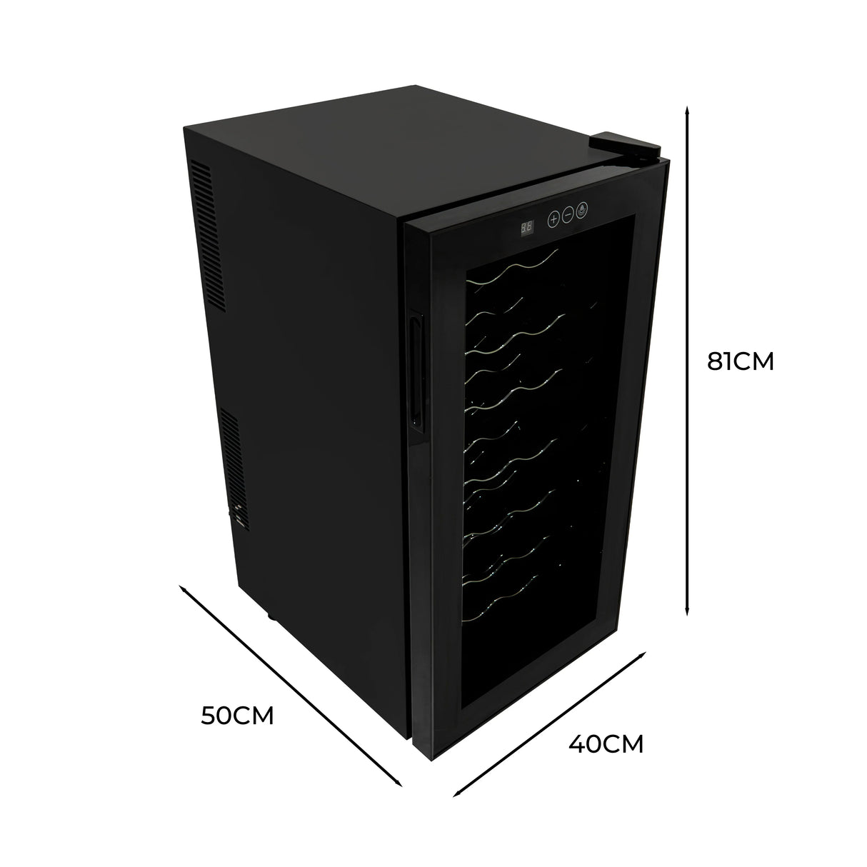 Sleek black Oriva LED wine cooler with a glass door, showcasing space for multiple bottles, dimensions 81cm x 50cm x 40cm