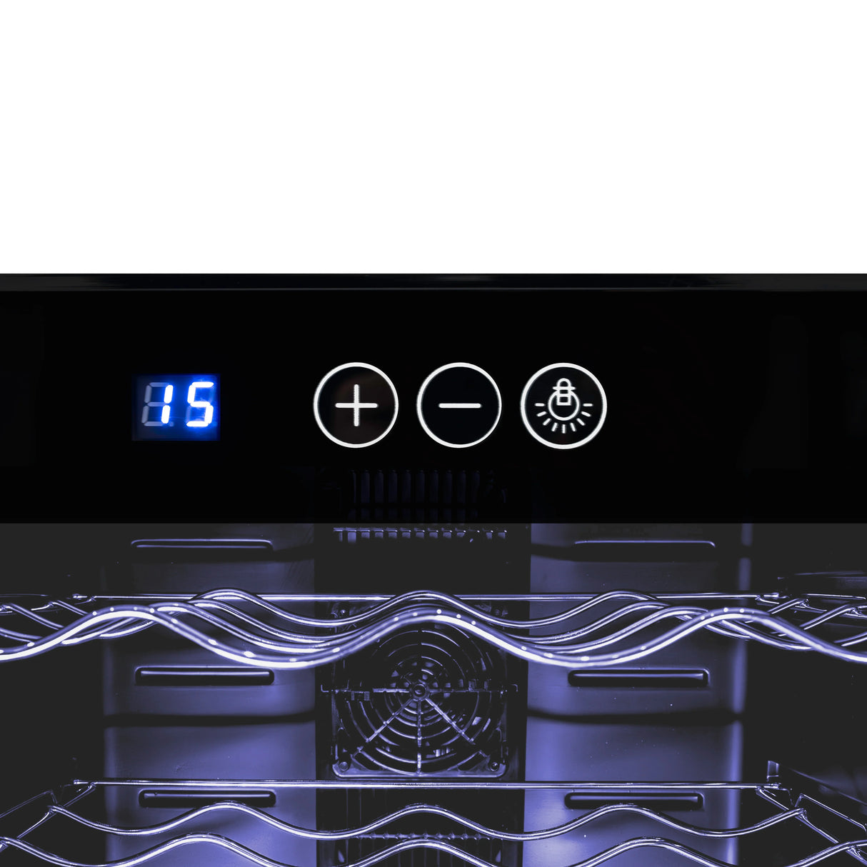 Oriva LED Wine Cooler control panel featuring digital temperature display, touch buttons, and illuminated interior for easy access