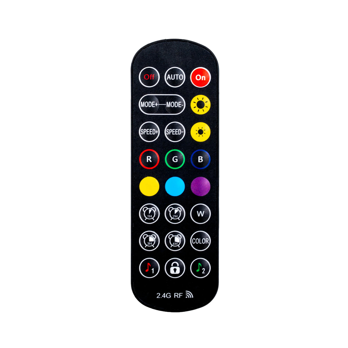 Remote control for Oriva LED Wine Cooler, featuring colorful buttons for mode, speed, and color adjustments in a sleek black design