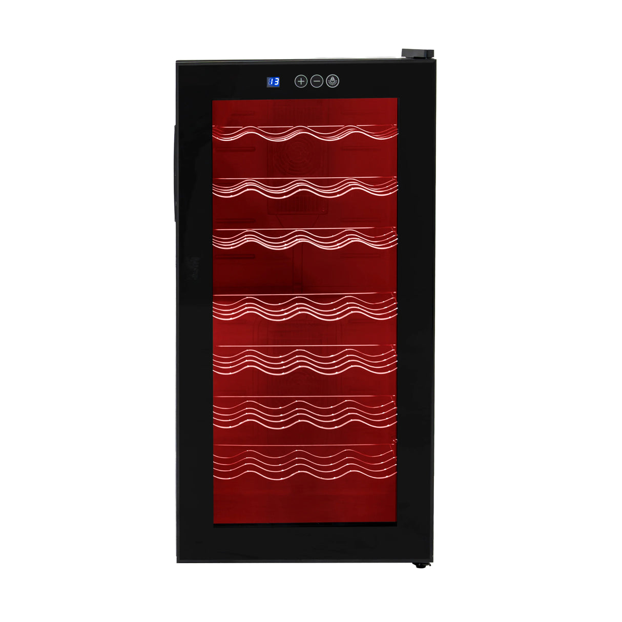 Oriva LED Wine Cooler with a sleek black exterior, glass door displaying red wine bottles on wavy shelves, illuminated interior