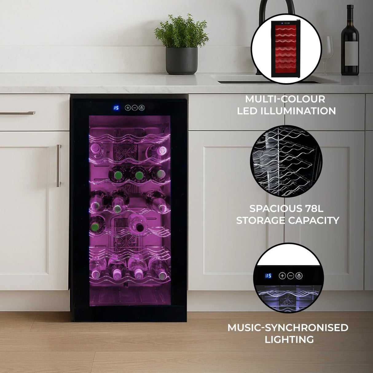 Oriva LED Wine Cooler with multi-color LED illumination, spacious 78L capacity, and music-synchronized lighting displayed in a modern kitchen