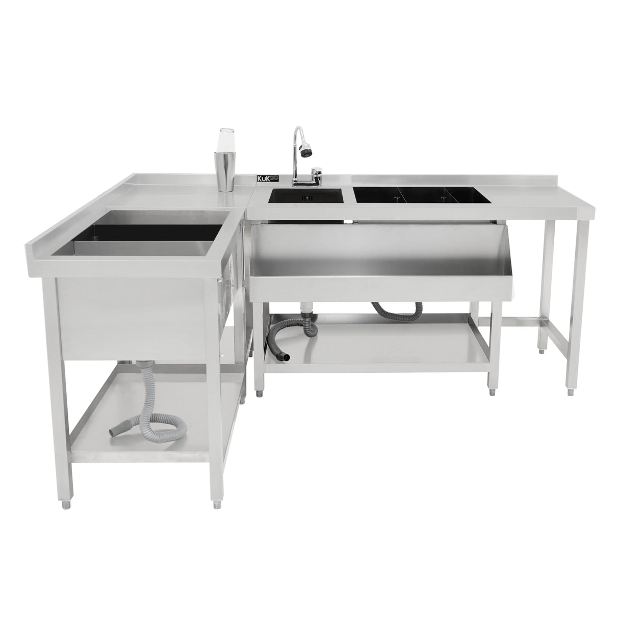 Modular cocktail bar station with stainless steel finish, featuring an ice well, sink, and spacious work surface for efficient mixing