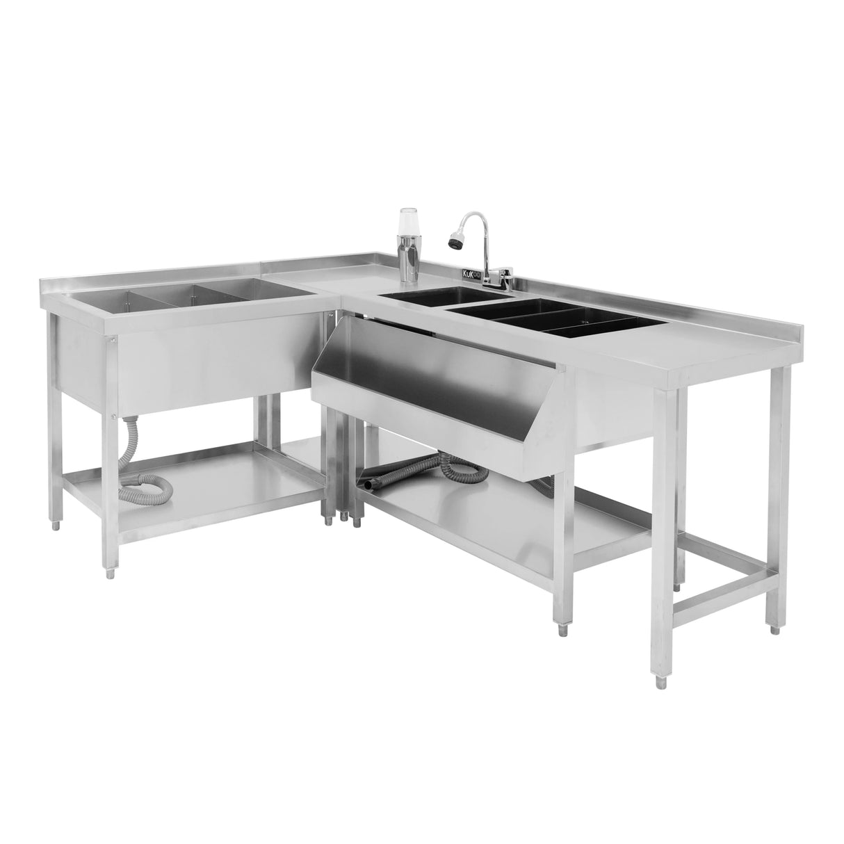 Modular cocktail bar station featuring a sleek stainless steel design, dual ice well compartments, and a convenient sink for easy mixing