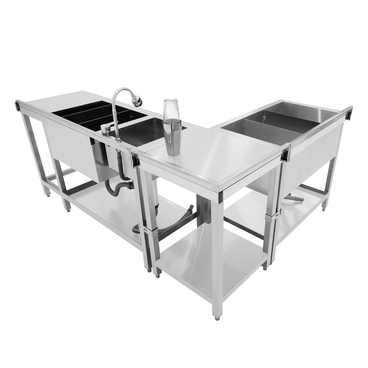 Modular cocktail bar station featuring stainless steel construction, ice well, and sleek design for efficient beverage service
