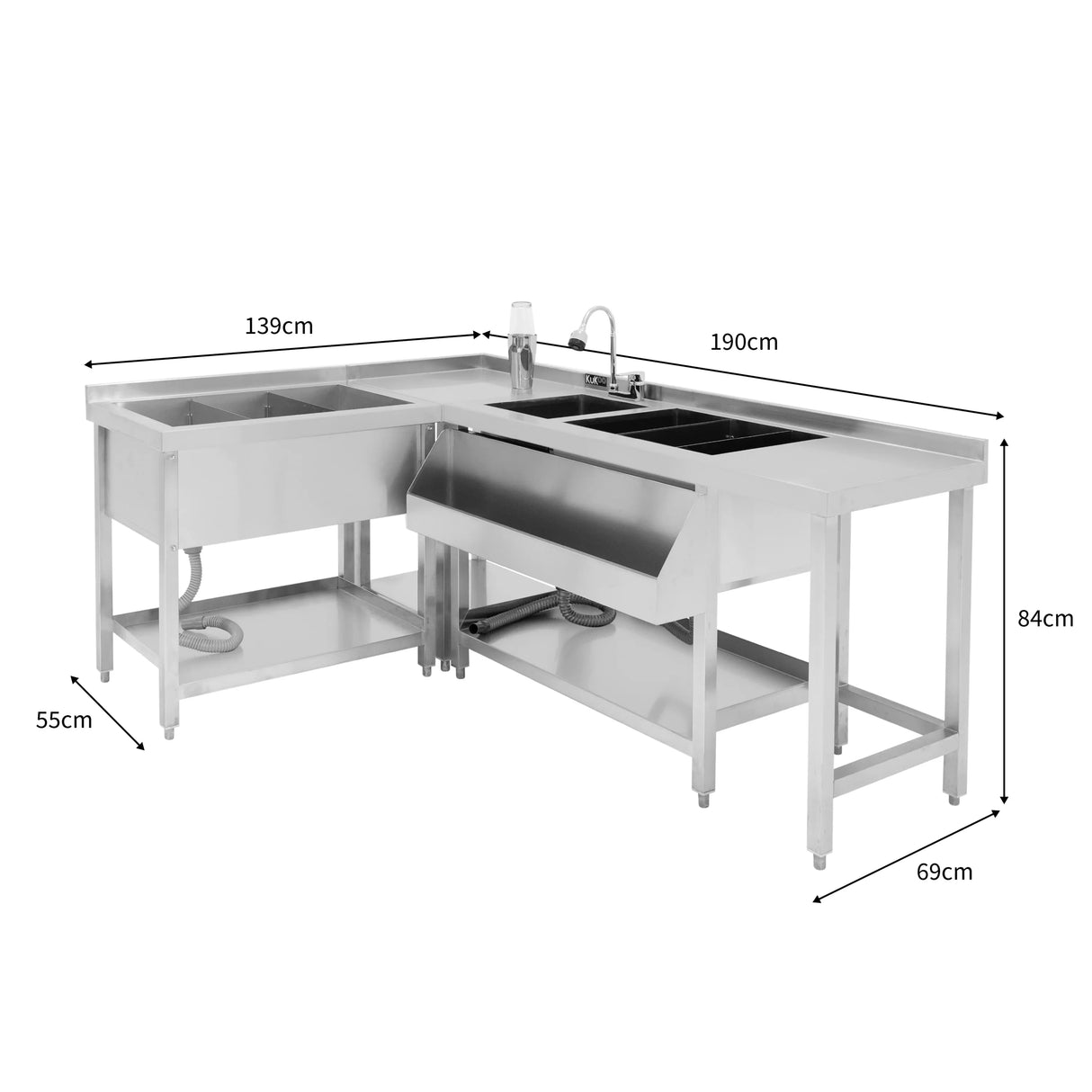 Modular cocktail bar station with ice well, stainless steel finish, two sinks, and sleek design, ideal for bars and events