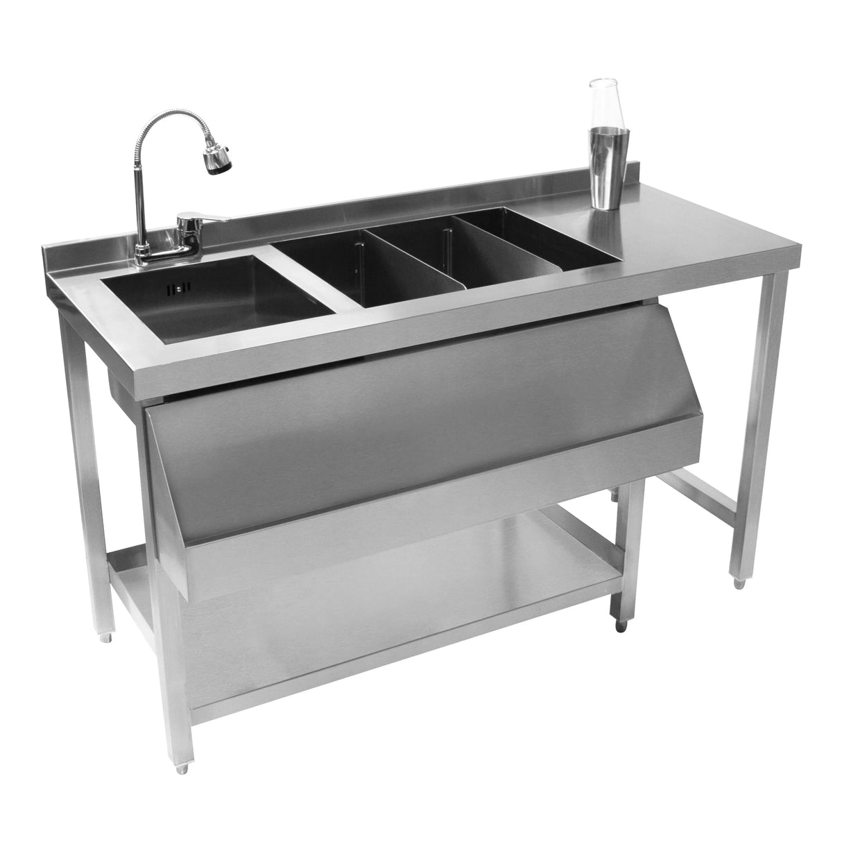 Modular cocktail bar station with ice well, stainless steel construction, three compartments, sleek design, and modern faucet