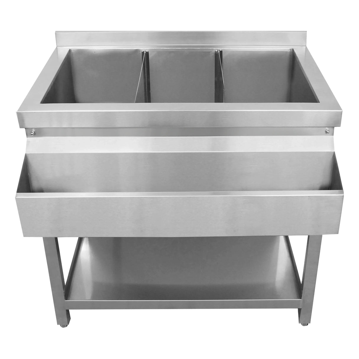 Modular cocktail bar station in stainless steel with two ice wells, a spacious lower shelf, and a sleek, modern design