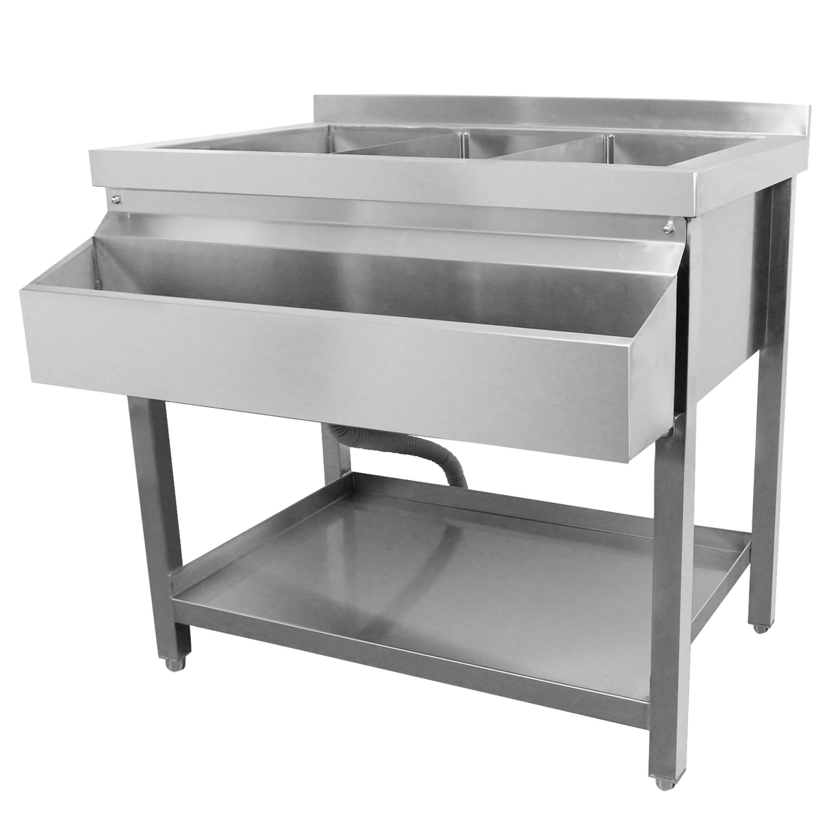 Sleek stainless steel modular cocktail bar station features an ice well, spacious storage shelf, and three compartments for mixing drinks