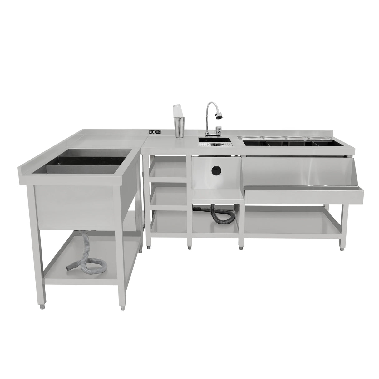 Deluxe modular cocktail bar station featuring a stainless steel finish, ice well, sink, and ample storage space for bartending essentials