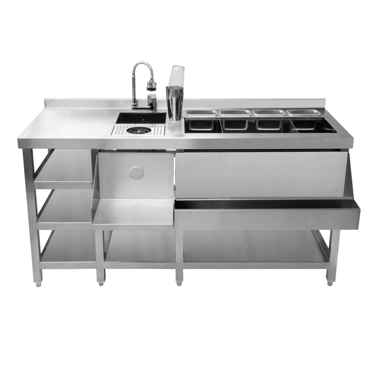 Deluxe modular cocktail bar station in stainless steel, featuring an ice well, sink, and spacious storage shelves for efficient bartending