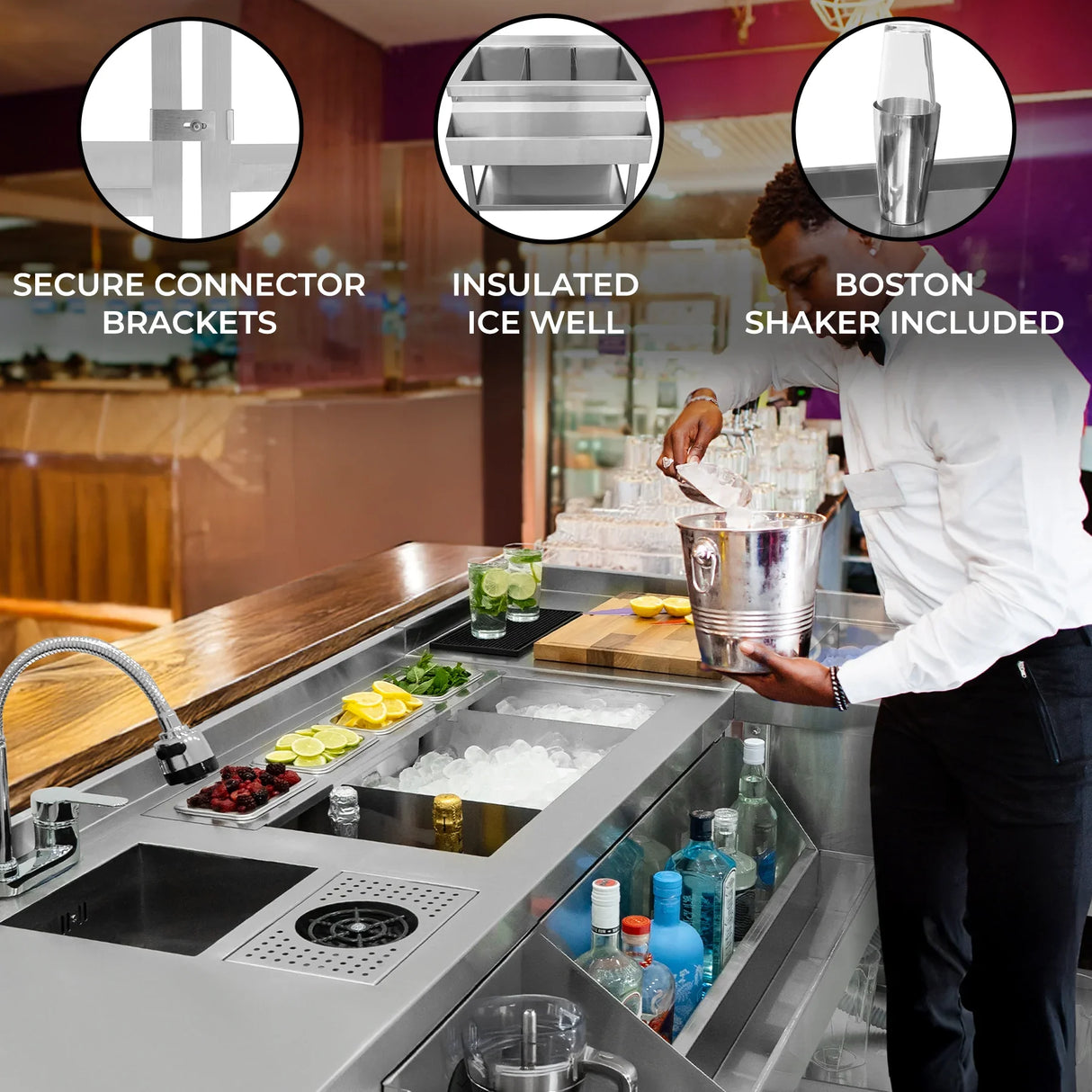 Deluxe Modular Cocktail Bar Station featuring a stainless steel design, insulated ice well, and included Boston shaker for mixing drinks