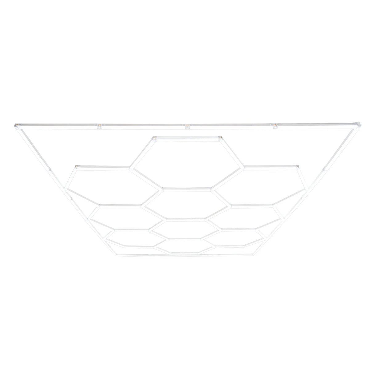 Hexagon LED lighting fixture with a sleek white design, featuring ten interconnected hexagonal panels for modern illumination