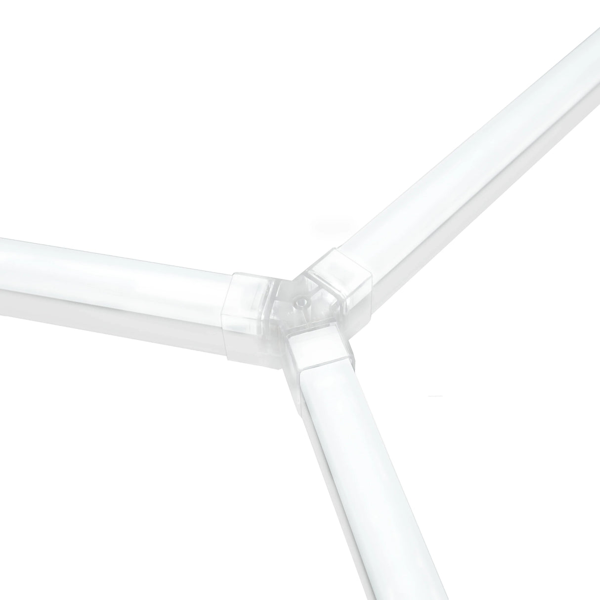 Hexagon LED lighting set featuring sleek, clear plastic connectors and bright white light bars, ideal for modern decor and ambiance