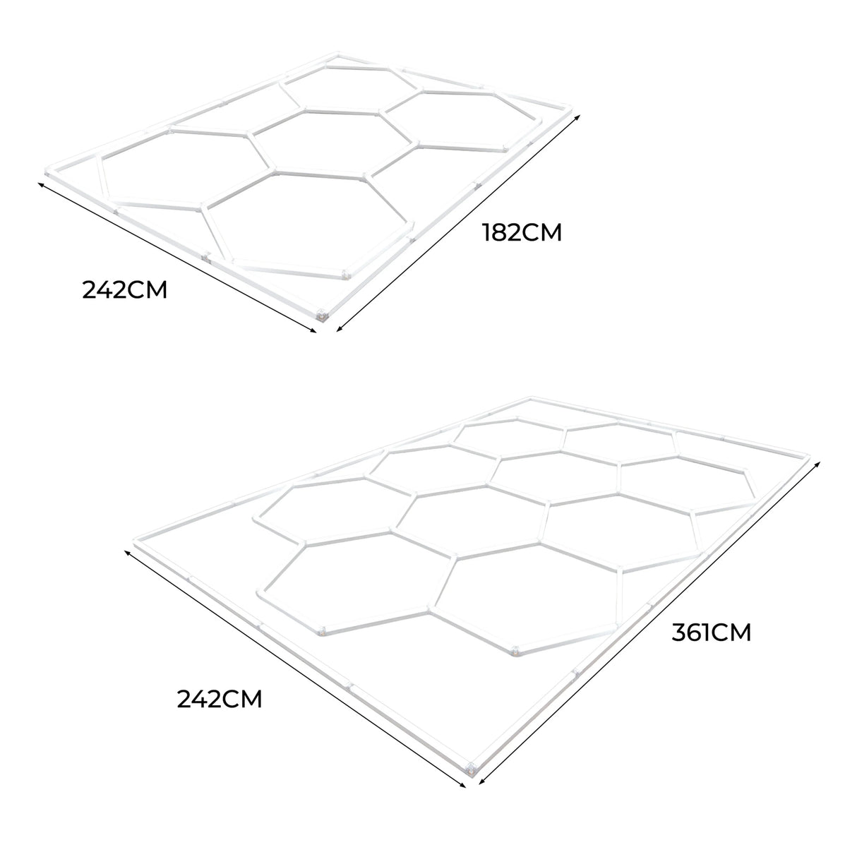 Hexagon LED lighting set featuring ten white hexagonal panels in two sizes, ideal for modern home decor and ambient lighting