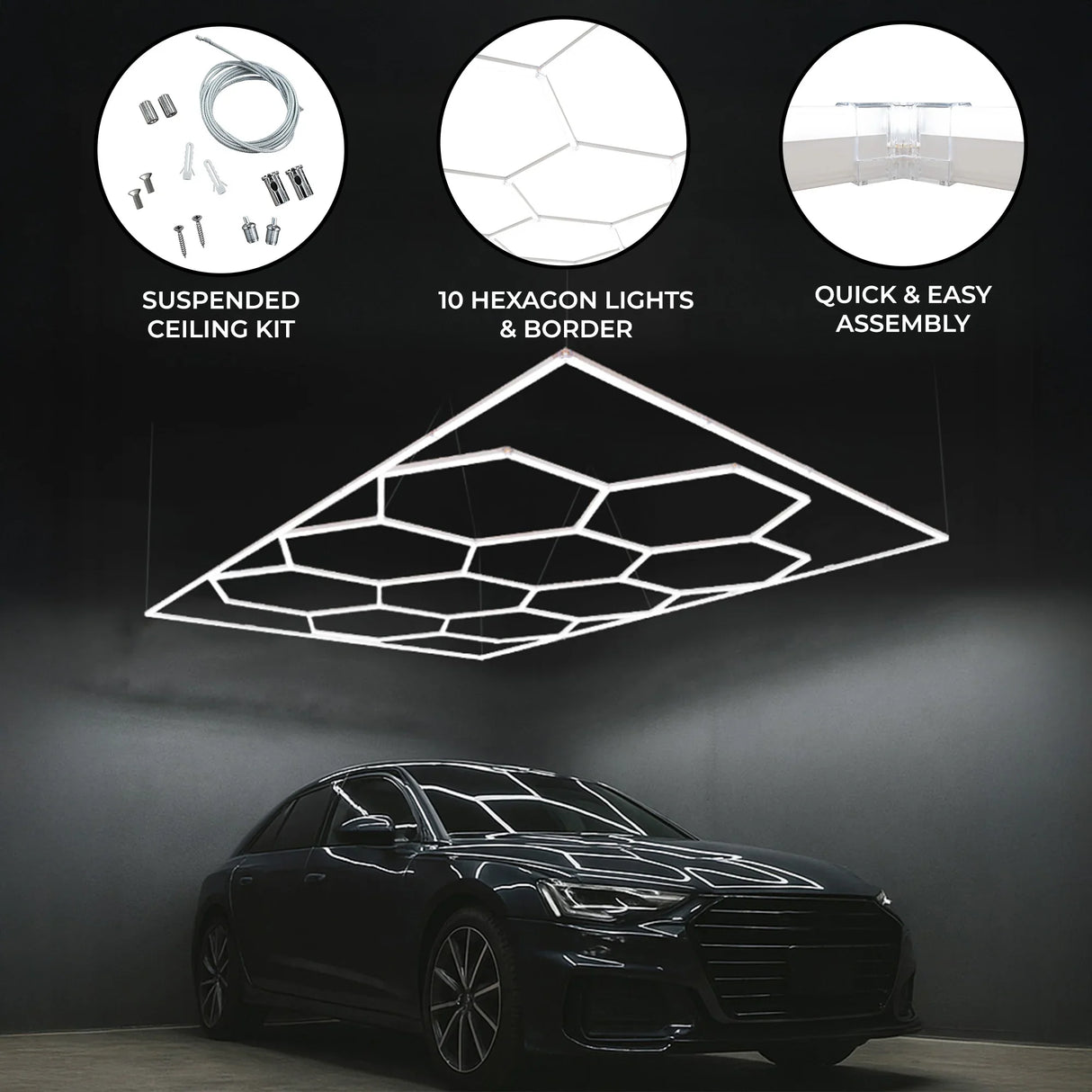 Hexagon LED lighting set featuring 10 sleek, modern lights with a suspended ceiling kit, ideal for stylish indoor illumination
