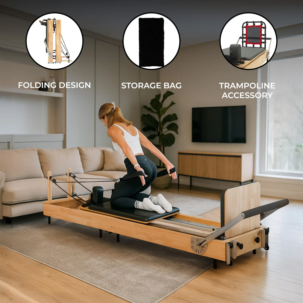 Pilates reformer machine in oak with a sleek design, featuring a user demonstrating exercises, storage bag, and trampoline accessory
