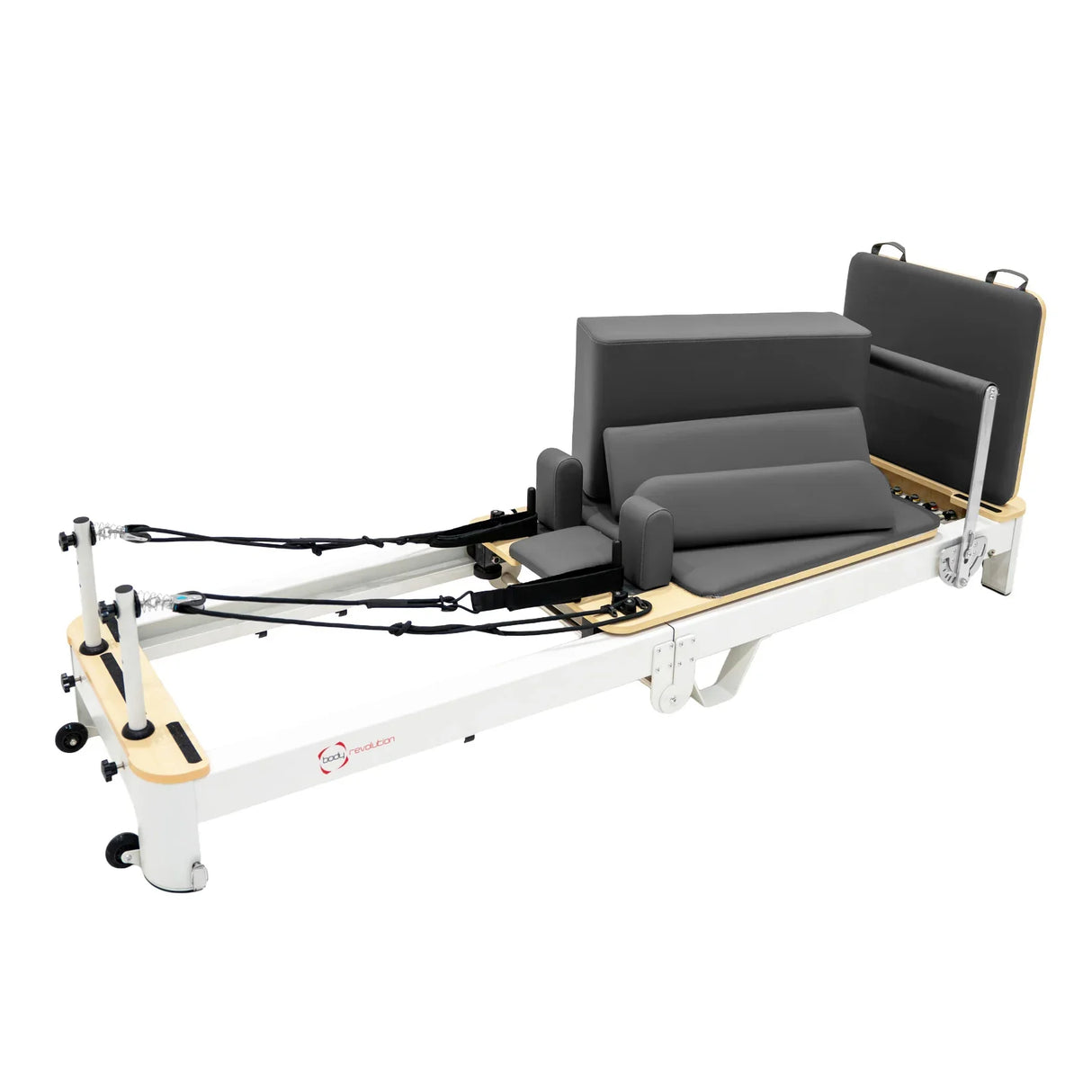 Aluminium Pilates reformer machine with grey padding, adjustable resistance, and smooth wooden accents for enhanced workouts