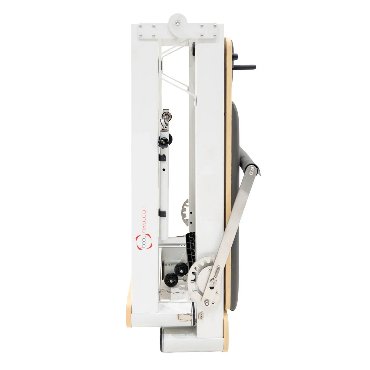 Compact Pilates reformer machine in sleek aluminum, featuring a foldable design, adjustable straps, and a sturdy wooden base